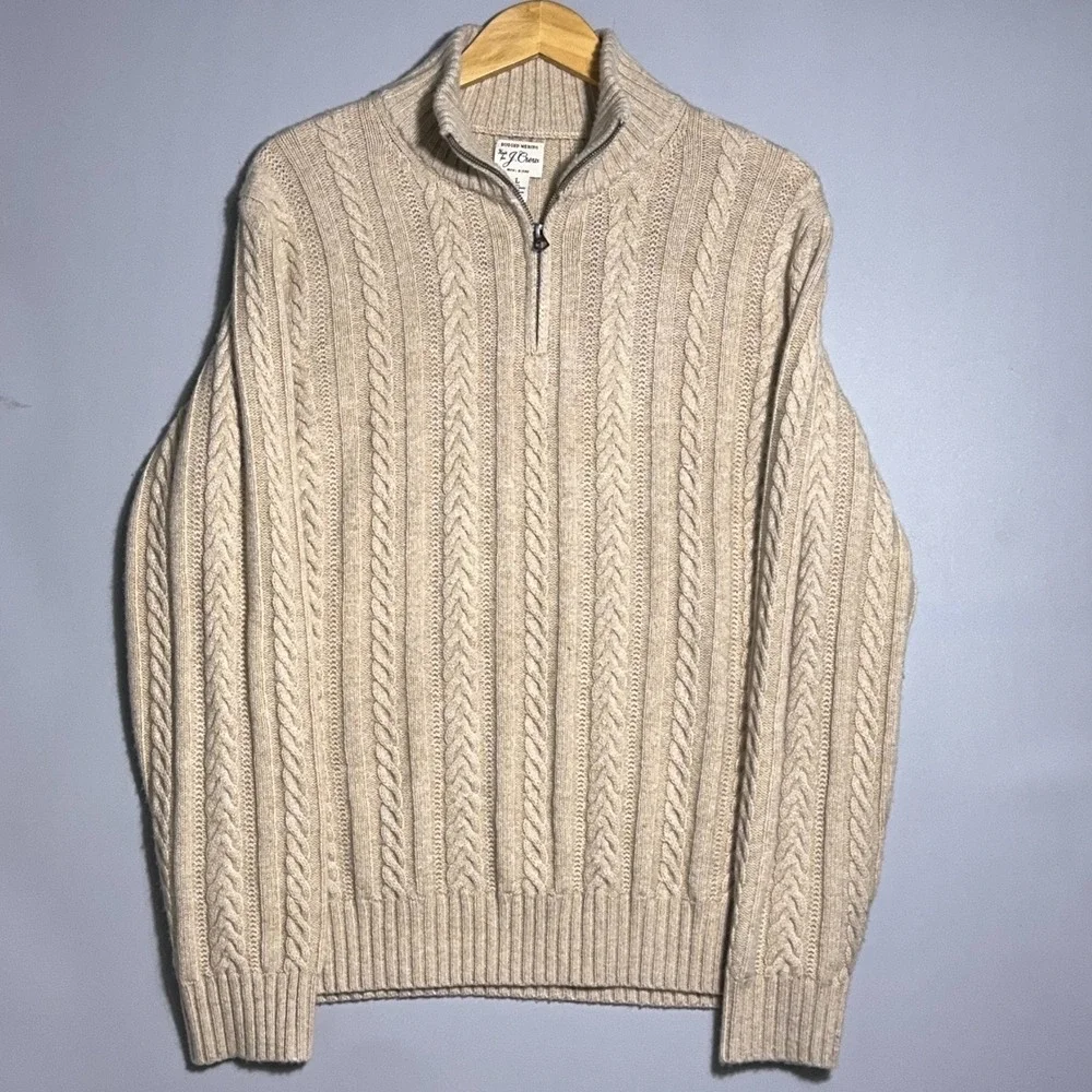 J Crew Rugged Merino Wool Cable Knit 1/4 Zip Mock Neck Sweater Mens Size Large‎